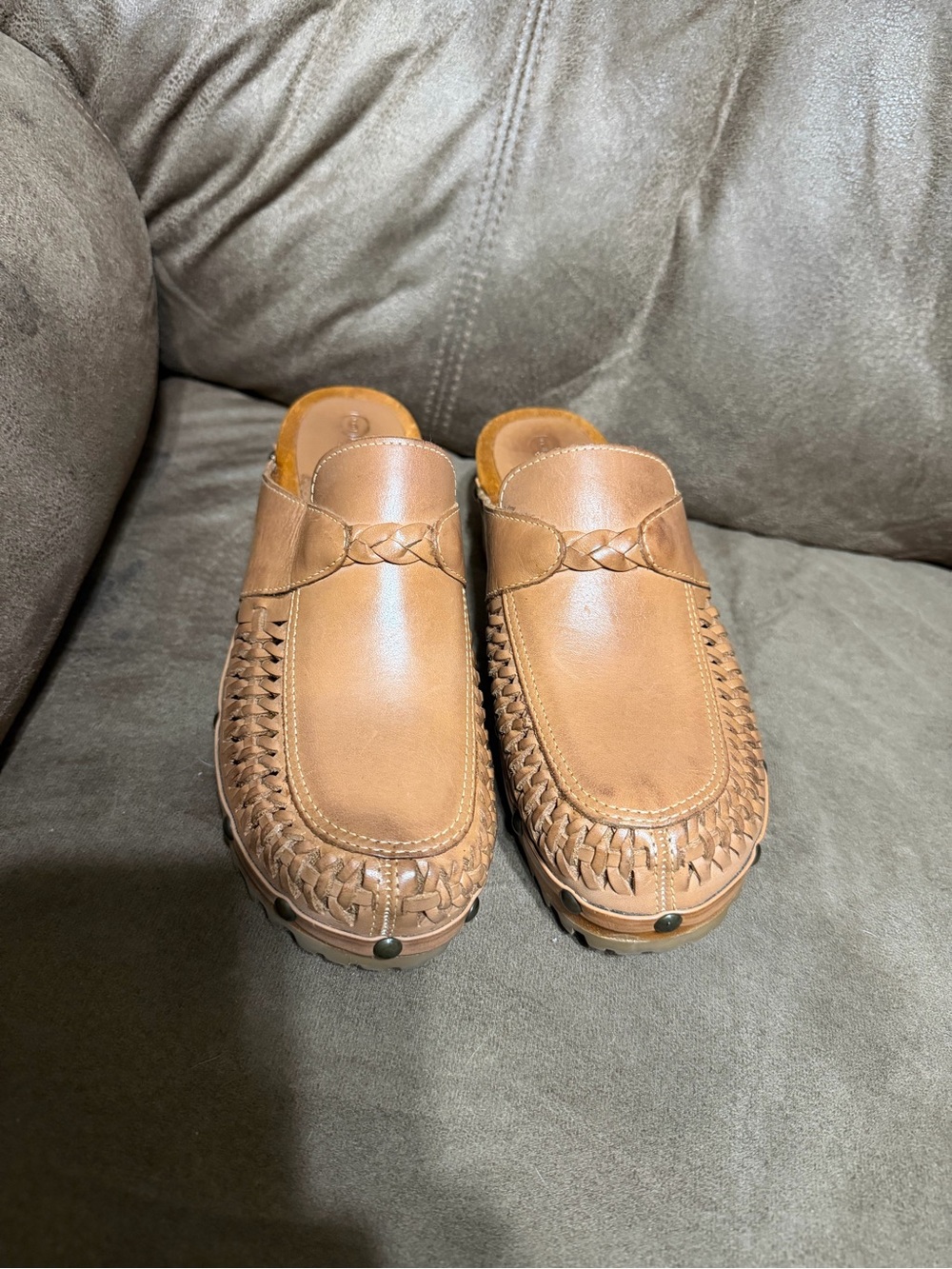 Tan Leather Slip-On Woven Clog